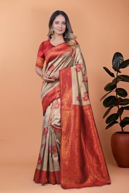 Avantini Elegant Banarasi Silk Saree with Rich Zari Work and Contrast Blouse Piece With Unstitched Blouse Piece