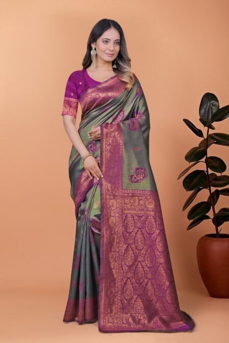 Avantini Graceful Banarasi Silk Saree in Grey-Green with Magenta Zari Border & Blouse Piece With Unstitched Blouse Piece