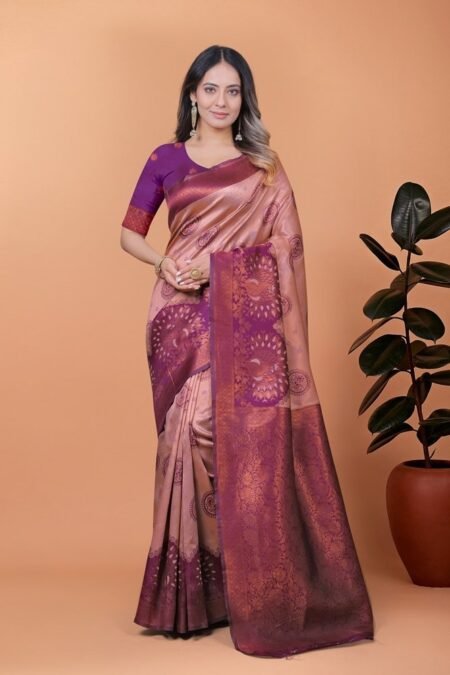 Avantini  Lavender Gold with Plum Purple Borders With Unstitched Blouse Piece