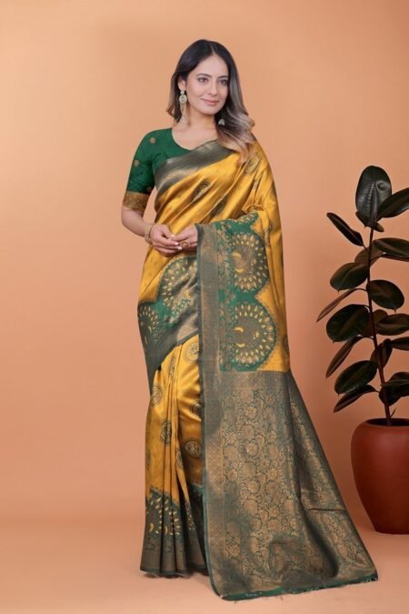 Avantini Golden Glow Banarasi Silk Saree With Unstitched Blouse Piece