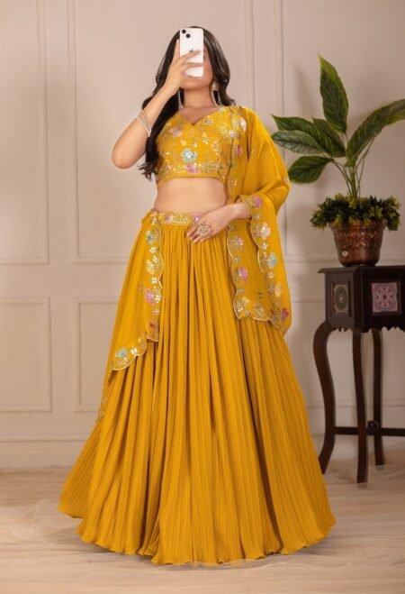 Malishka Export Womens Yellow Faux Georgette Embroidery Lehenga Choli Set