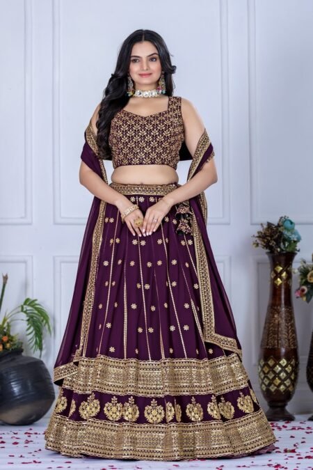 Malishka Export Womens Wine Faux Georgette Embroidery Lehenga Choli Set
