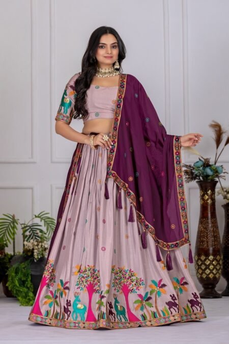 Malishka Export Womens Wine Chinnon Silk Embroidery Lehenga Choli Set