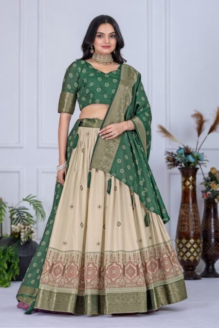 Malishka Export Womens Green Heavy Lichi Fabric WIth Jacquard Border Lehenga Choli Set