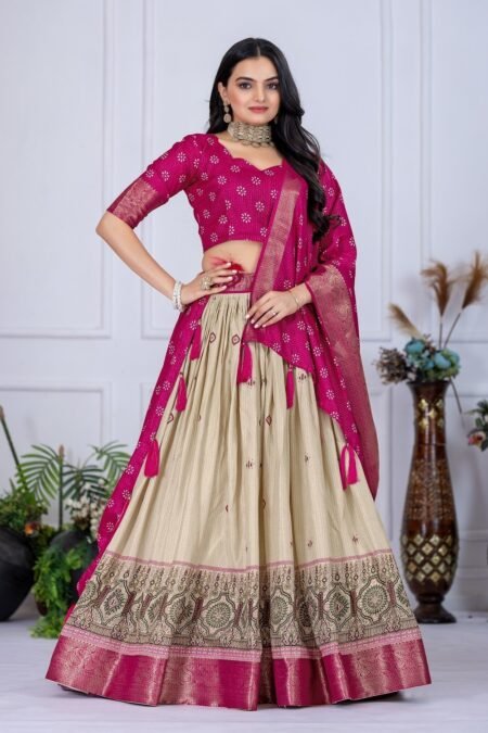 Malishka Export Womens Pink Heavy Lichi Fabric WIth Jacquard Border Lehenga Choli Set