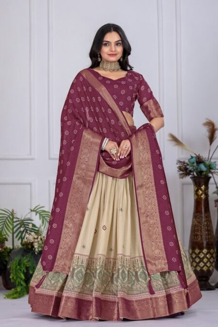 Malishka Export Womens Wine Heavy Lichi Fabric WIth Jacquard Border Lehenga Choli Set
