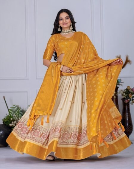 Malishka Export Womens Yellow Heavy Lichi Fabric WIth Jacquard Border Lehenga Choli Set