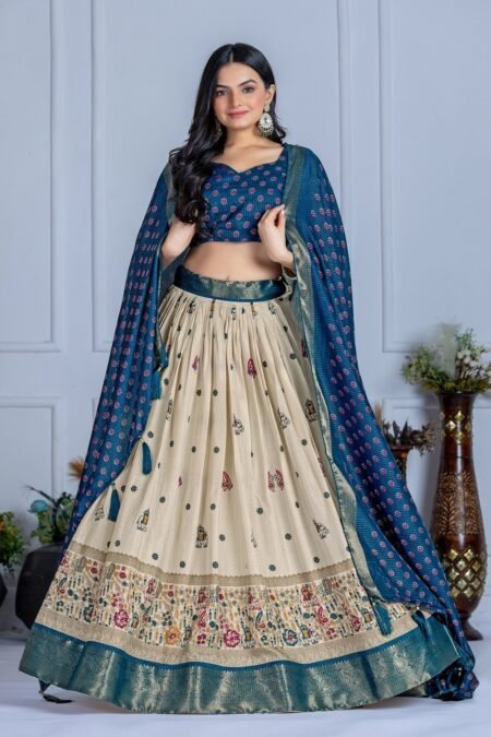 Malishka Export Womens Blue Heavy Lichi Fabric WIth Jacquard Border Lehenga Choli Set