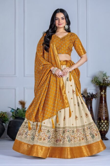 Malishka Export Womens Yellow Heavy Lichi Fabric WIth Jacquard Border Lehenga Choli Set