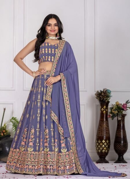 Malishka Export Womens Lavendar Faux Georgette Embroidery Lehenga Choli Set