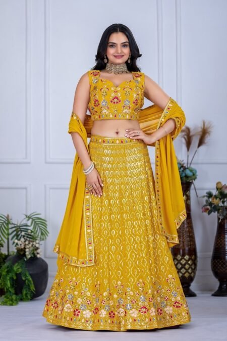 Malishka Export Womens Yellow Faux Georgette Embroidery Lehenga Choli Set