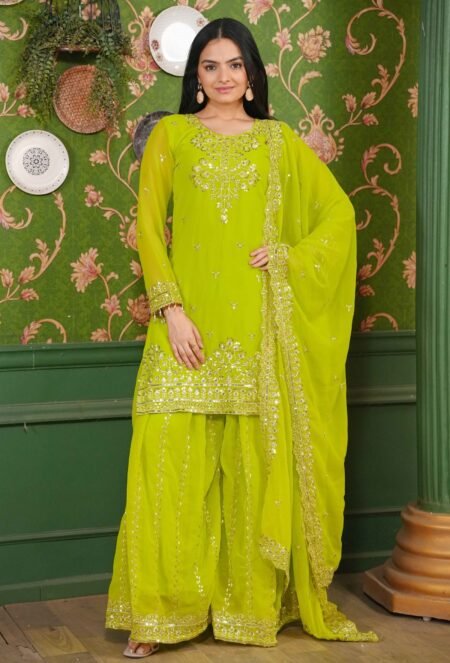 Avantini Women's Black Chinon Sequence Straight Kurta Sharara With Dupatta