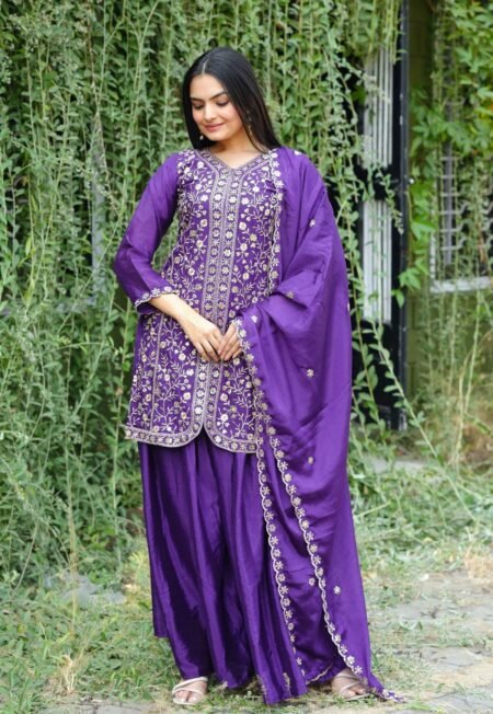 Avantini Women's Lavender Chinon Coding Sequence Straight Kurta Sharara With Dupatta