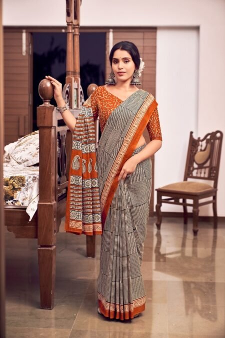 Malishka Export Cotton Printed Saree With Unstiched Blouse Piece