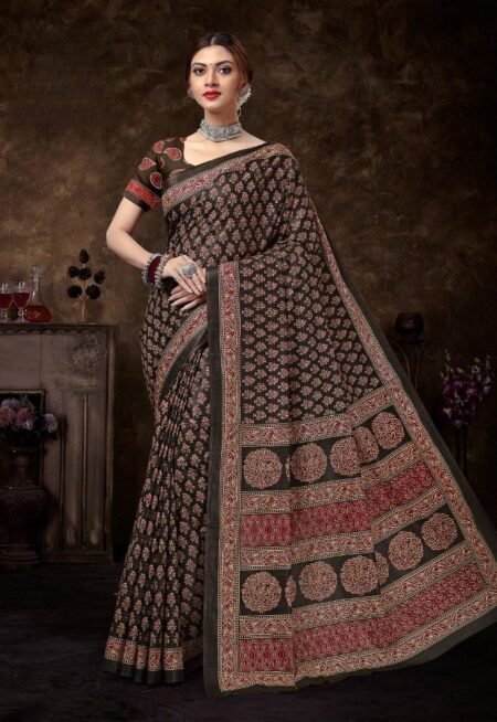 Malishka Export Cotton Printed Saree With Unstiched Blouse Piece