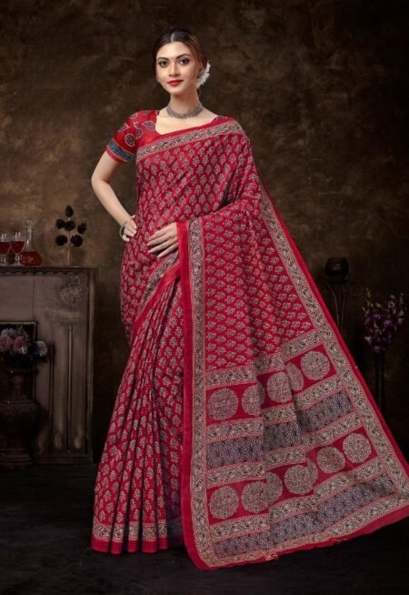 Malishka Export Cotton Printed Saree With Unstiched Blouse Piece