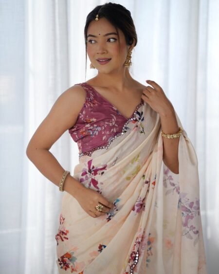 Malishka Export Mirror Lace Chinnon Cream Saree With Unstiched Blouse Piece