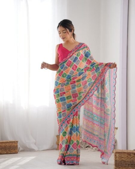 Malishka Export Mirror Lace Chinnon Multi Saree With Unstiched Blouse Piece