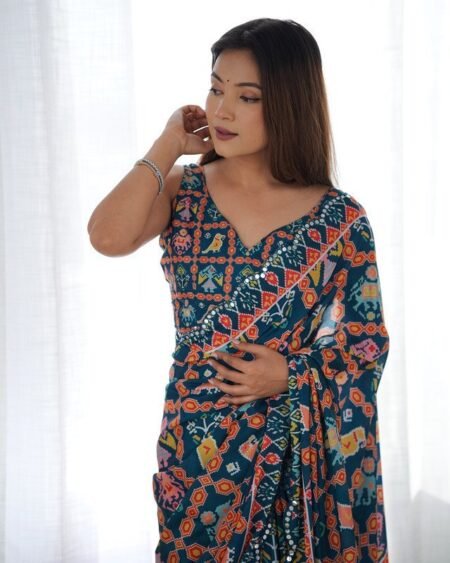 Malishka Export Mirror Lace Chinnon Rama Saree With Unstiched Blouse Piece