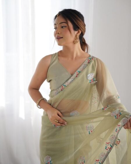 Malishka Export Sequance Twills Net Pista Saree With Unstiched Blouse Piece