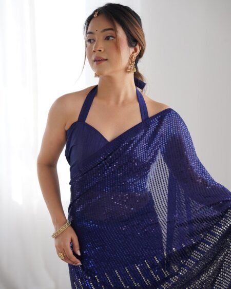 Malishka Export Sequance Georgette Blue Saree With Unstiched Blouse Piece