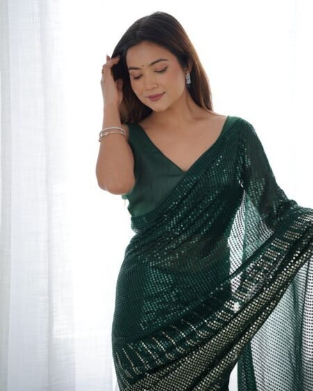 Malishka Export Sequance Georgette Green Saree With Unstiched Blouse Piece