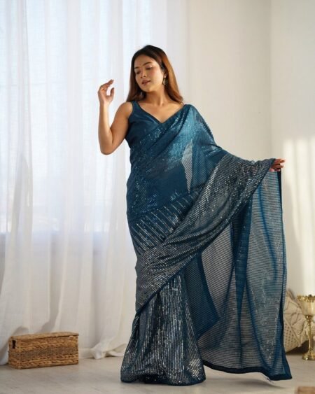 Malishka Export Sequance Georgette Petrol Saree With Unstiched Blouse Piece