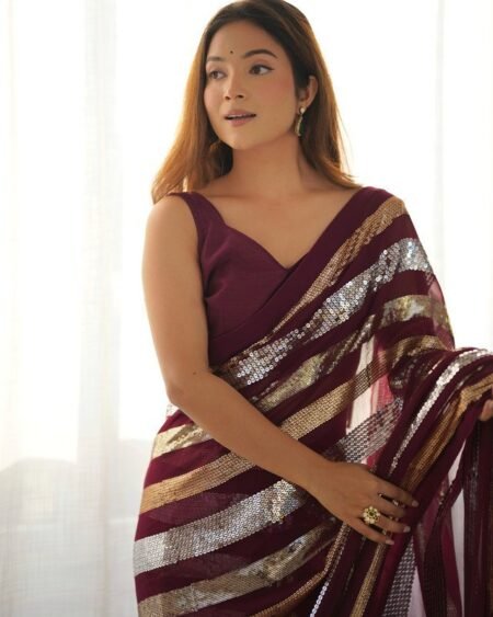 Malishka Export Sequance Georgette Wine Saree With Unstiched Blouse Piece