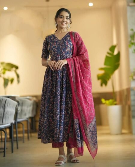 Women's Rayon Printed Anarkali Kurta Pant With Dupatta