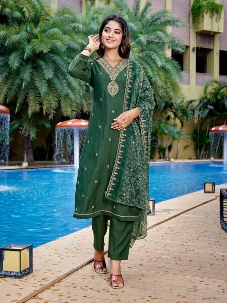 Women's Viscose Chanderi Embroidery Straight Kurta Pant With Dupatta
