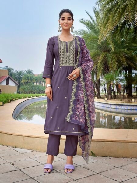 Women's Viscose Chanderi Embroidery Straight Kurta Pant With Dupatta