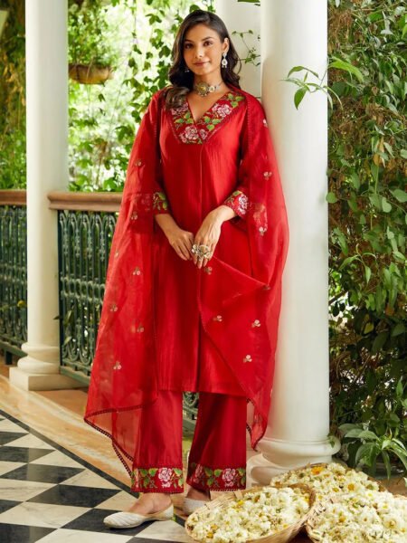 Women's Chanderi Embroidery Straight Kurta Pant With Dupatta