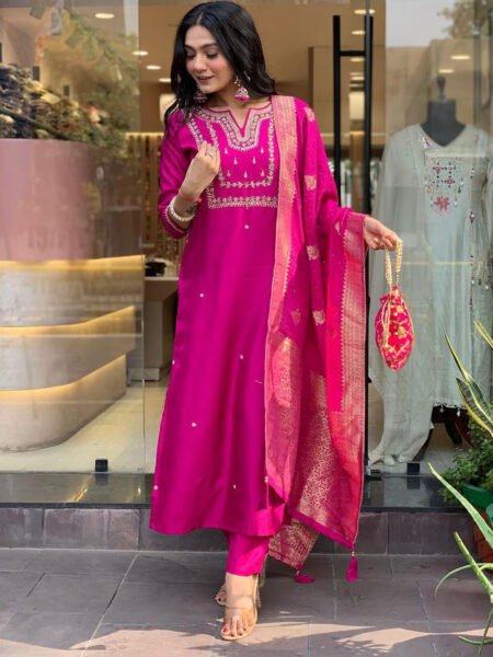 Women's Chanderi Embroidery Straight Kurta Pant With Dupatta