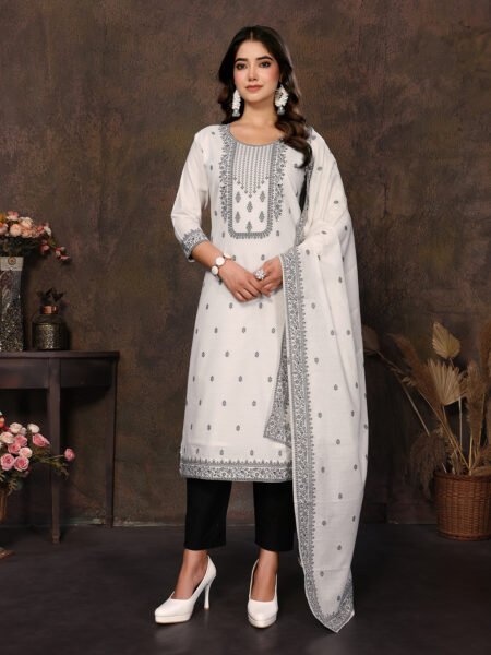 Women's Cotton Embroidery design Straight Kurta Pant With Dupatta