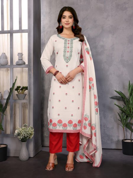 Women's Cotton Embroidery design Straight Kurta Pant With Dupatta