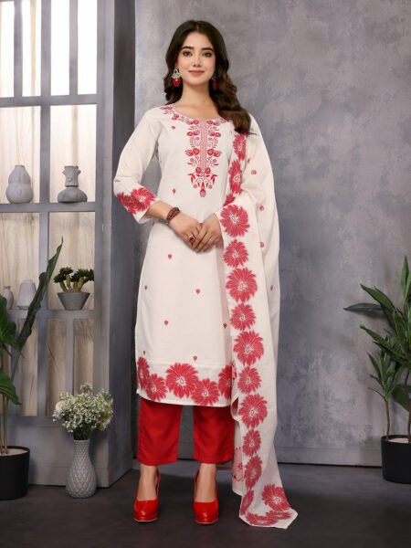 Women's Cotton Embroidery design Straight Kurta Pant With Dupatta
