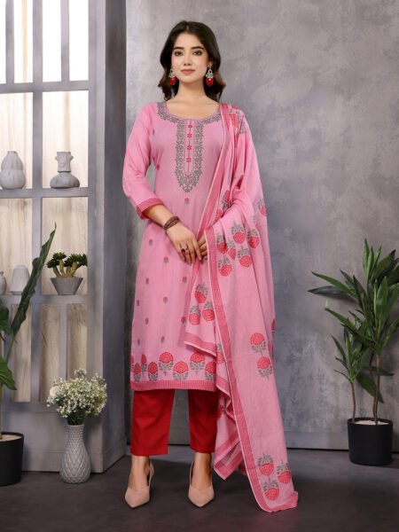 Women's Cotton Embroidery design Straight Kurta Pant With Dupatta