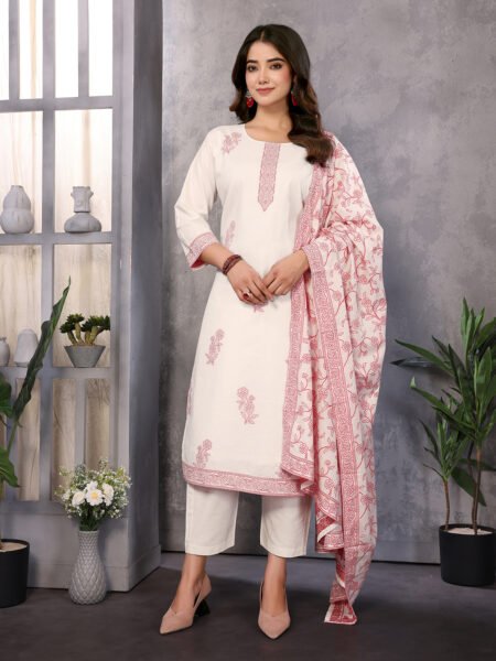Women's Cotton Embroidery design Straight Kurta Pant With Dupatta