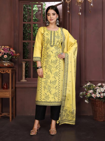 Women's Cotton Embroidery design Straight Kurta Pant With Dupatta
