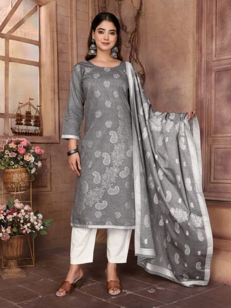 Women's Cotton Embroidery design Straight Kurta Pant With Dupatta