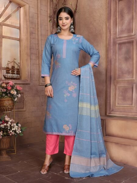 Women's Cotton Embroidery design Straight Kurta Pant With Dupatta