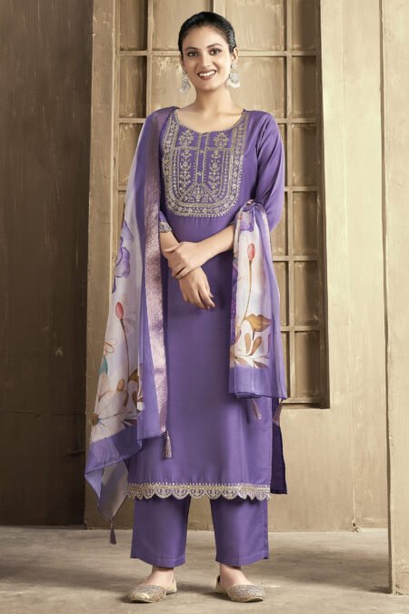 Women's Chanderi Embroidered Straight Kurta Pant With Dupatta