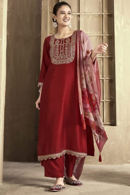 Women's Chanderi Embroidered Straight Kurta Pant With Dupatta