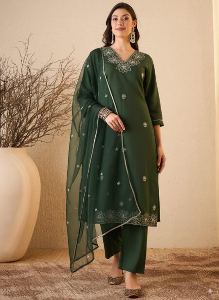 Women's Silk Blend Embroidered Straight Kurta Pant With Dupatta