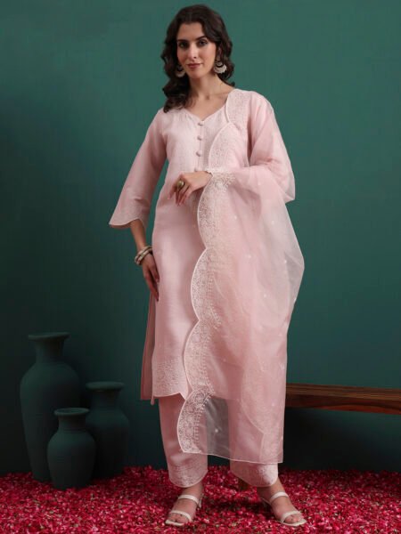 Women's Silk Blend Embroidery Straight Kurta Pant With Dupatta