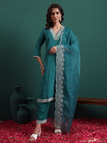 Women's Silk Blend Embroidery Straight Kurta Pant With Dupatta