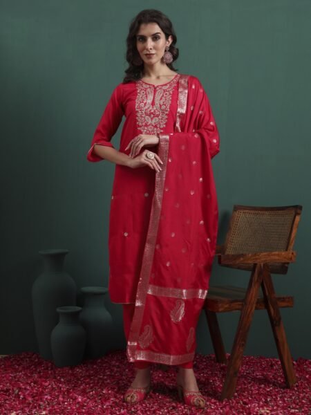 Women's Chanderi Silk Embroidery Straight Kurta Pant With Dupatta