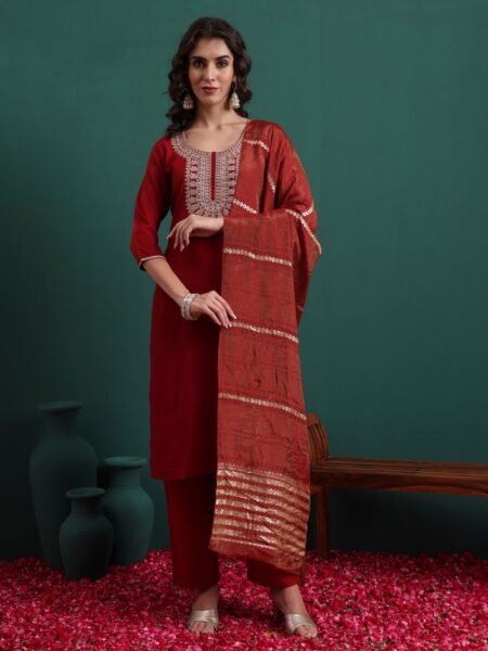 Women's Viscose Embroidery Straight Kurta Pant With Dupatta