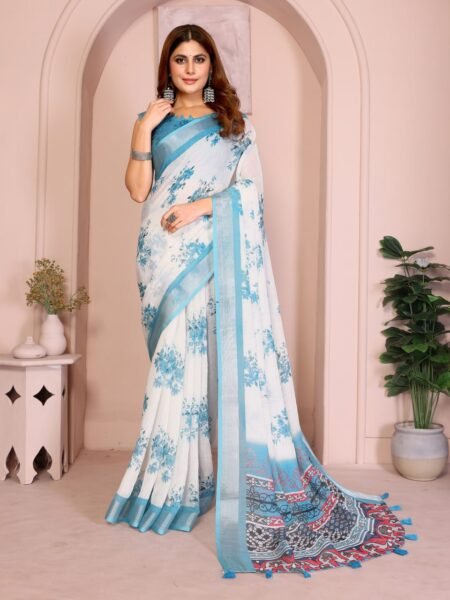 Linen Cotton Floral Print Saree With Unstiched Blouse Piece