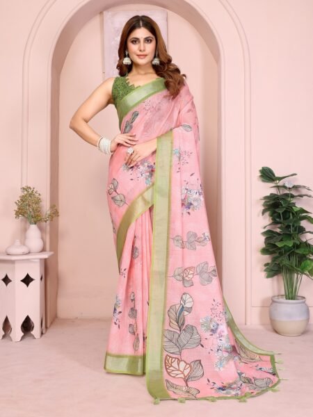 Linen Cotton Digital Print Saree With Unstiched Blouse Piece